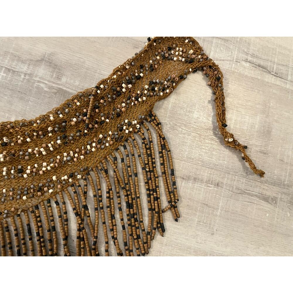 VTG Long Fringe Beaded Bib Scarf Crocheted Macrame Belly Dance Hip Belt Western - Picture 3 of 4